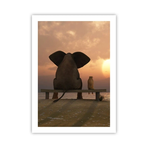 Poster - Elefant und Hund auf einer Bank in der untergehenden Sonne - 50x70cm - Es tut gut zusammen zu schweigen - Moderne Wanddekoration für Wohnzimmer und Schlafzimmer ARTTOR