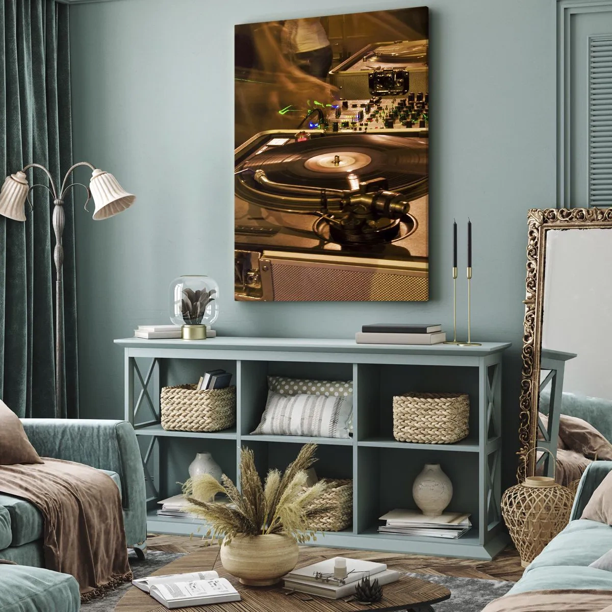 Bild auf Leinwand - Leinwandbild - DJ-Equipment mit Plattenspieler und Mixer während einer Party - 50x70cm - Kannst du die Kraft spüren? - Moderne Wanddekoration für Wohnzimmer und Schlafzimmer ARTTOR