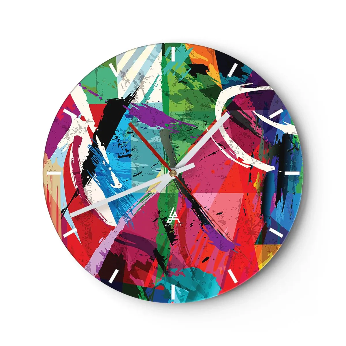 Wanduhr - Glasuhr - Ein abstraktes Muster mit intensiven Farben und dynamischen Linien. - 30x30cm - Schnell, spritzig und springt - Moderne Wanddekoration für Wohnzimmer, Küche und Schlafzimmer ARTTOR