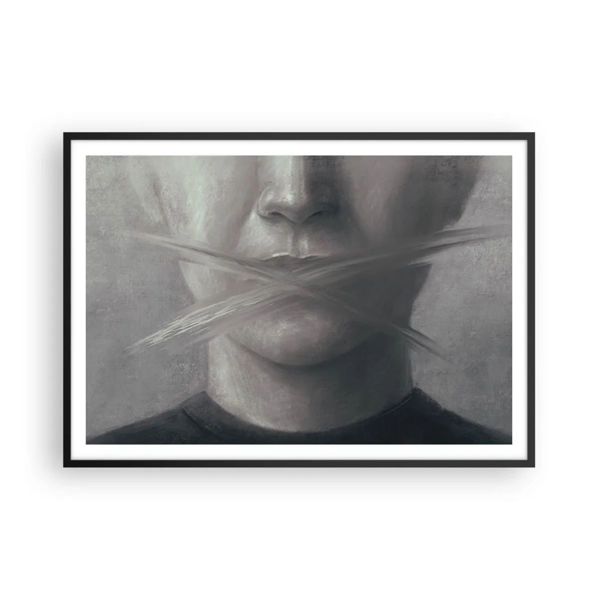 Poster in einem schwarzem Rahmen - Ein symbolisches Porträt mit verschwommenen Lippen in Grautönen. - 100x70cm - Ohne ein Wort - Moderne Wanddekoration für Wohnzimmer und Schlafzimmer ARTTOR