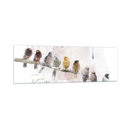 Glasbild - Bild auf glas - Bunte Vögel auf einem Ast im Aquarellstil - 160x50cm - Geflügeltes Treffen - Moderne Wanddekoration für Wohnzimmer und Schlafzimmer ARTTOR