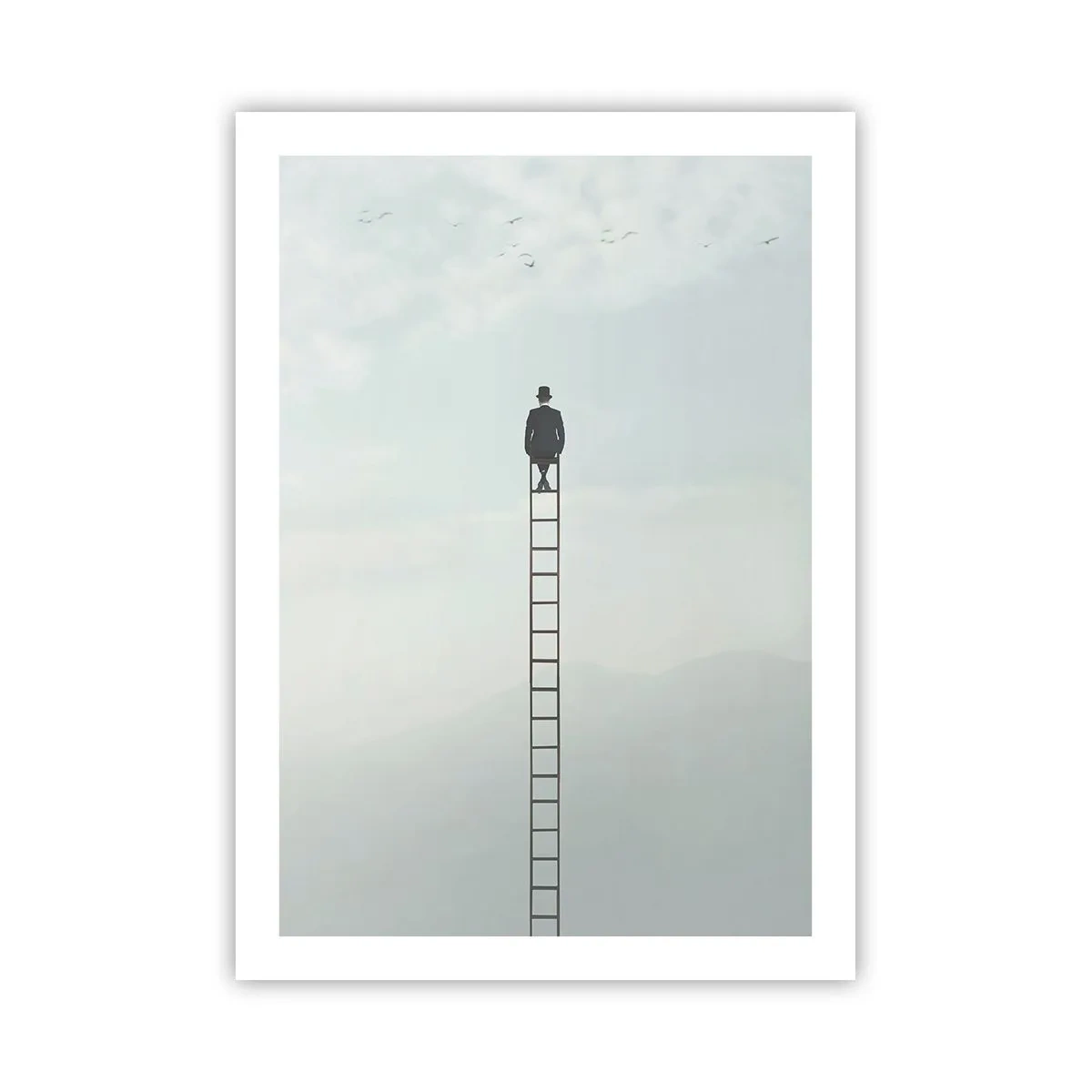 Poster - Mann auf einer Leiter, der in den Himmel schaut - 50x70cm - Erhebe dich darüber! - Moderne Wanddekoration für Wohnzimmer und Schlafzimmer ARTTOR