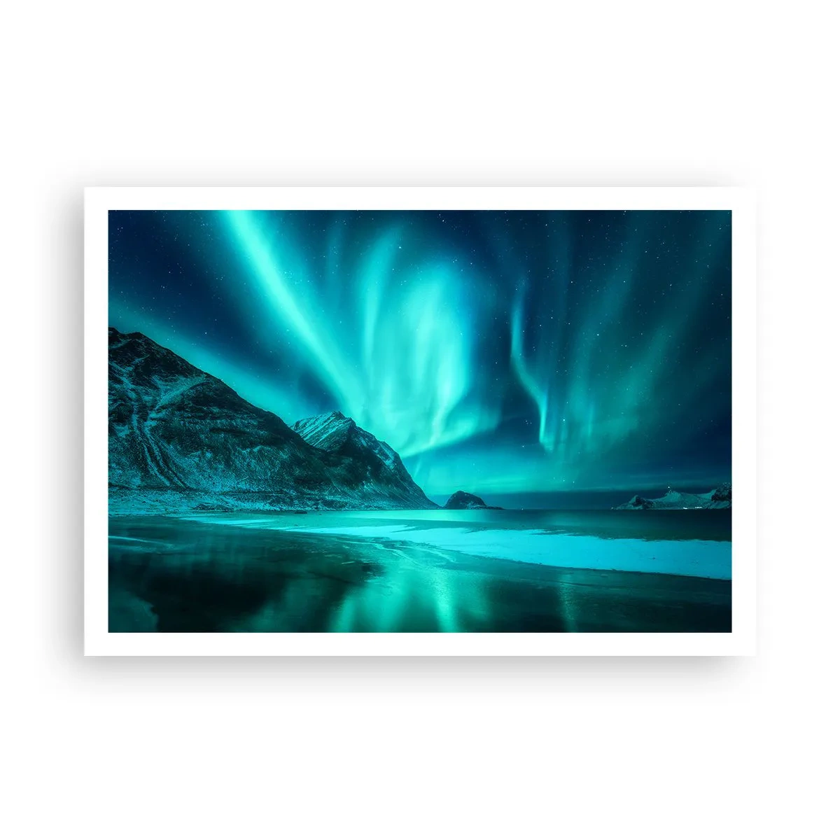 Poster - Aurora Borealis über einer bergigen Winterlandschaft - 100x70cm - Wunder des Nordens - Moderne Wanddekoration für Wohnzimmer und Schlafzimmer ARTTOR
