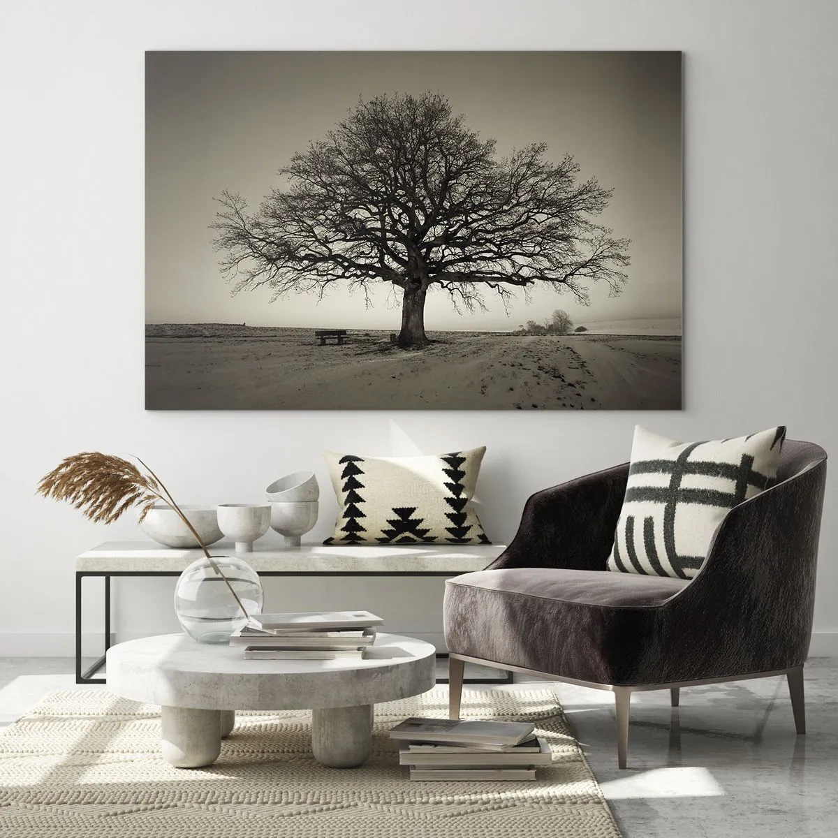 Glasbild - Bild auf glas - Ein einsamer Baum in einer monochromen Landschaft - 100x70cm - Von hier zu Ewigkeit - Moderne Wanddekoration für Wohnzimmer und Schlafzimmer ARTTOR