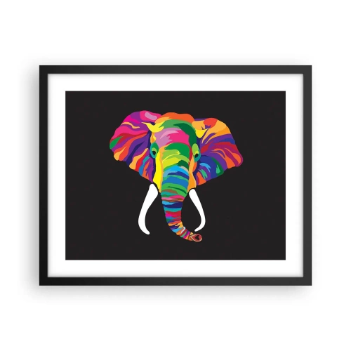 Poster in einem schwarzem Rahmen - Der Elefant, der es liebte, im Regenbogen zu baden - 50x40 cm