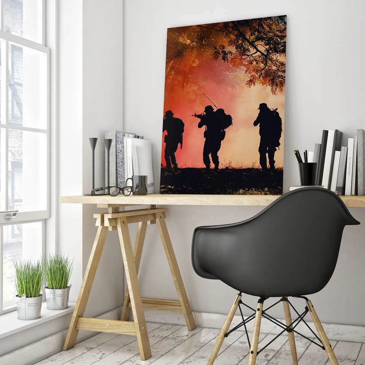 Glasbild - Bild auf glas - Eine Gruppe Soldaten marschiert vor der Kulisse eines brennenden Waldes. - 50x70cm - … Alle für einen. - Moderne Wanddekoration für Wohnzimmer und Schlafzimmer ARTTOR