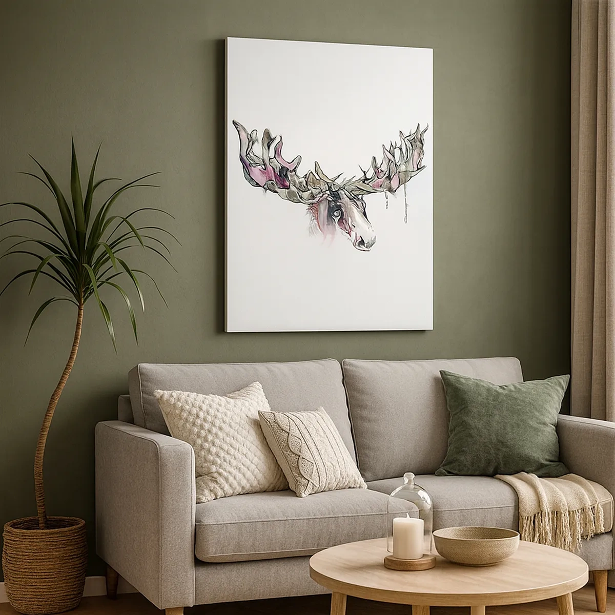 Bild auf Leinwand - Leinwandbild - Künstlerisches Aquarell eines Elches mit üppigem Geweih - 50x70cm - Krone des Waldkönigs - Moderne Wanddekoration für Wohnzimmer und Schlafzimmer ARTTOR