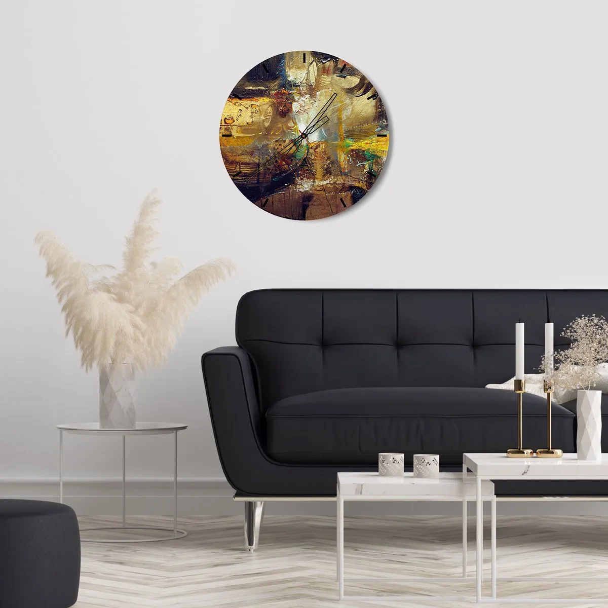 Wanduhr - Glasuhr - Eine abstrakte Komposition in Gold-, Braun- und Blautönen. - 30x30cm - Kalt, wärmer, heiß - Moderne Wanddekoration für Wohnzimmer, Küche und Schlafzimmer ARTTOR