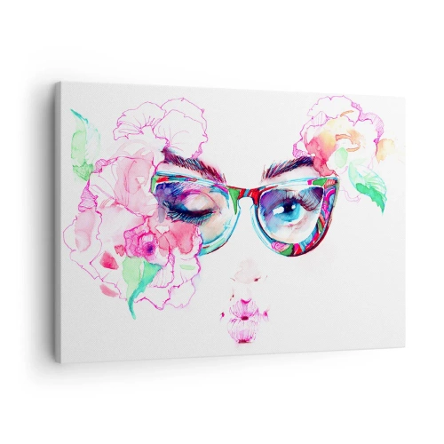 Bild auf Leinwand - Leinwandbild - Aquarellgesicht mit bunten Gläsern und Blumen - 70x50cm - Ein verlockendes Versprechen - Moderne Wanddekoration für Wohnzimmer und Schlafzimmer ARTTOR