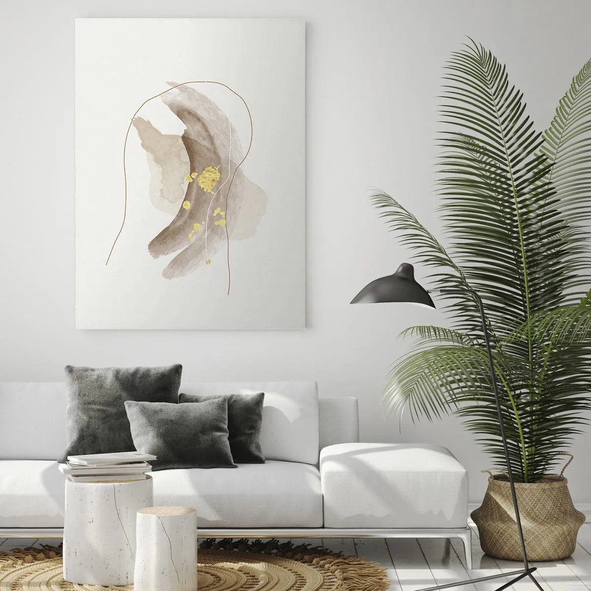 Glasbild - Bild auf glas - Beige und goldene Abstraktion mit zarten Linien und Formen - 50x70cm - Im Weltraum begegnet - Moderne Wanddekoration für Wohnzimmer und Schlafzimmer ARTTOR