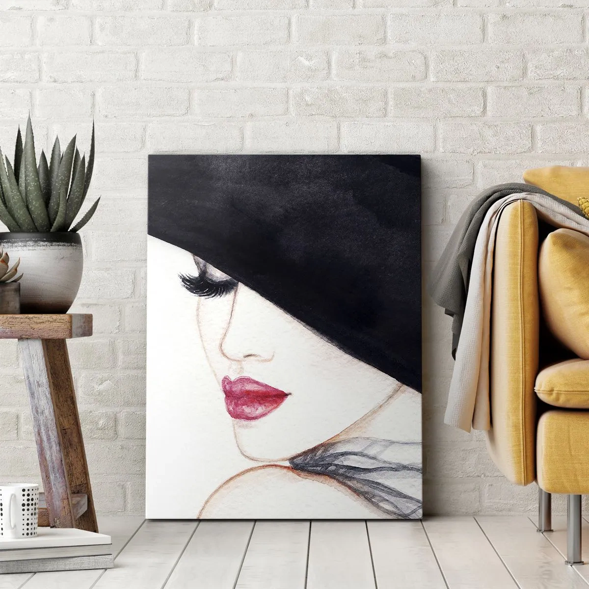 Bild auf Leinwand - Leinwandbild - Eine subtile Illustration einer Frau mit schwarzem Hut und roten Lippen - 50x70cm - Eleganz und Sinnlichkeit - Moderne Wanddekoration für Wohnzimmer und Schlafzimmer ARTTOR