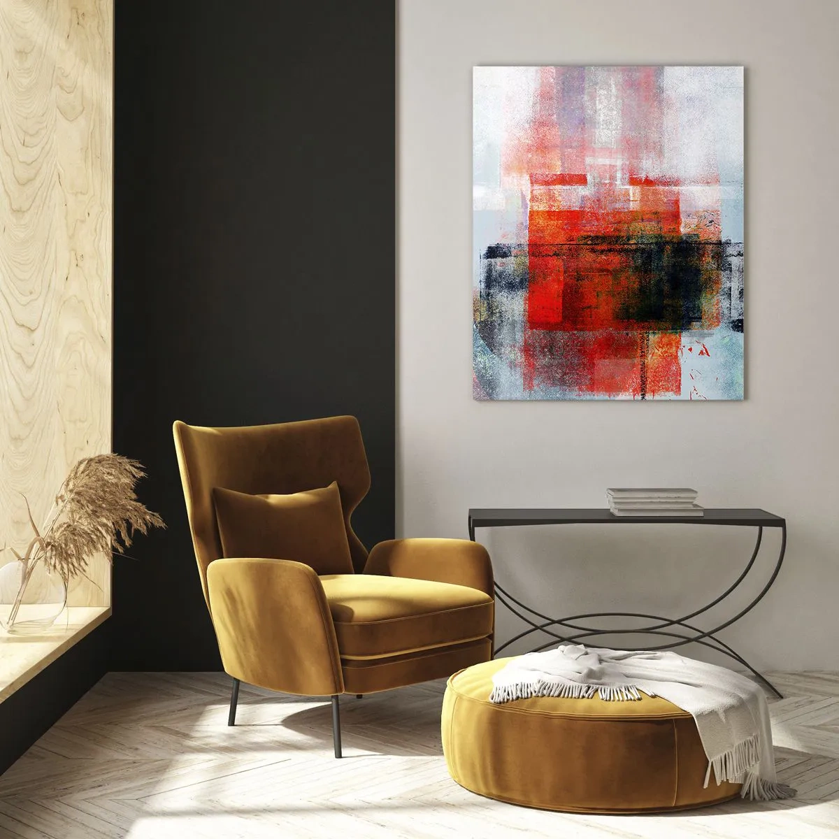 Glasbild - Bild auf glas - Abstrakte geometrische Komposition mit roten und orangefarbenen Akzenten - 70x100cm - Komposition leuchtet - Moderne Wanddekoration für Wohnzimmer und Schlafzimmer ARTTOR