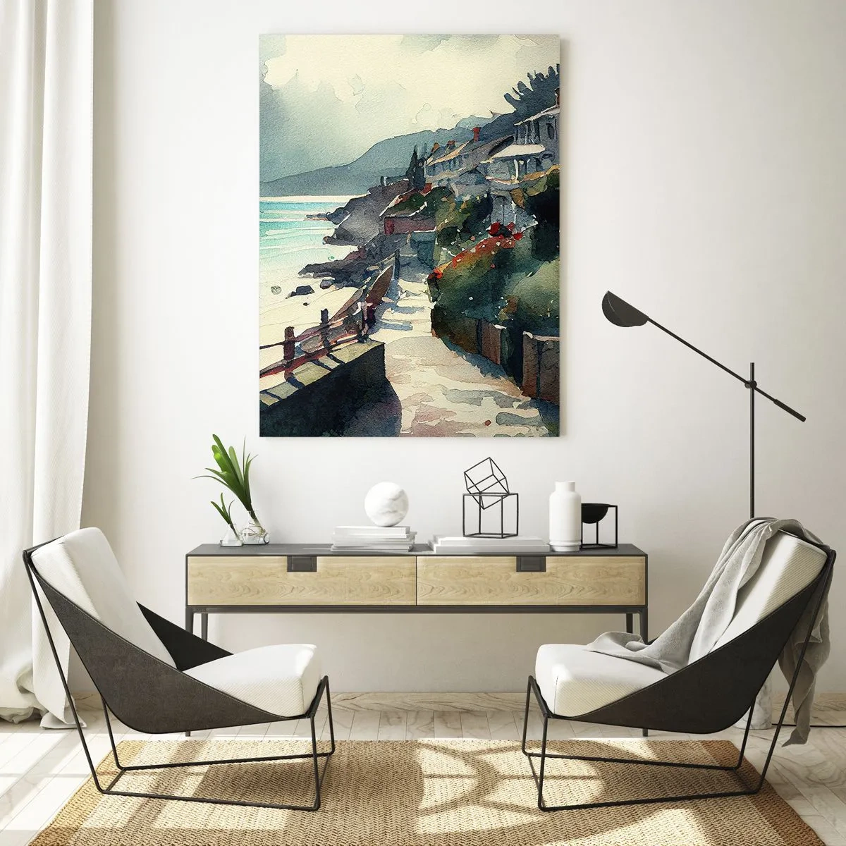 Glasbild - Bild auf glas - Strandpromenade mit Häusern und Vegetation - 70x100cm - Mittelmeerstadt - Moderne Wanddekoration für Wohnzimmer und Schlafzimmer ARTTOR