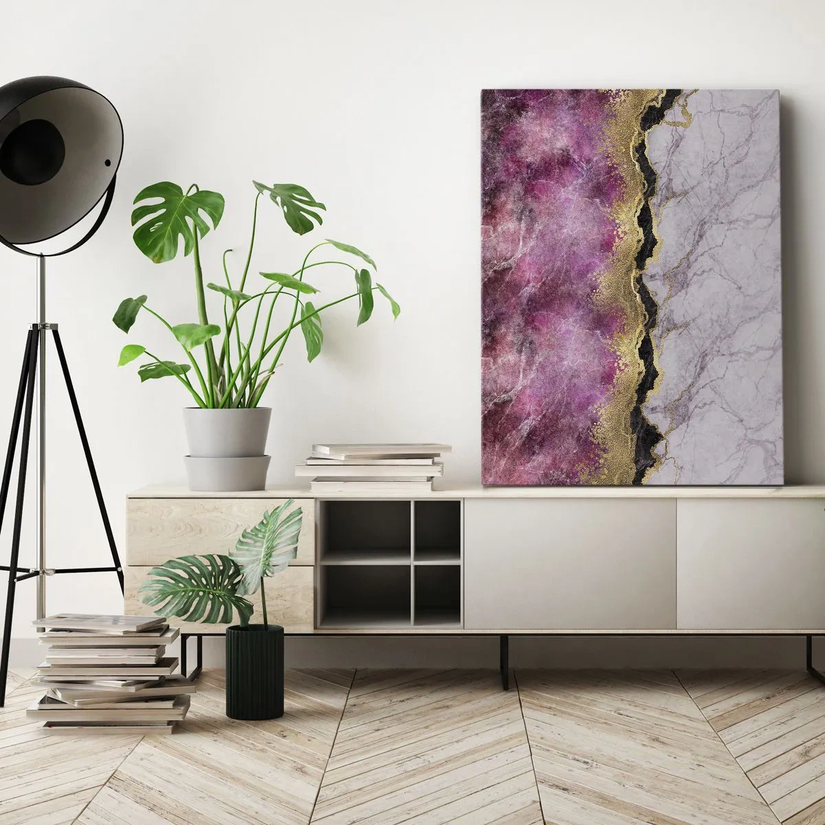 Bild auf Leinwand - Leinwandbild - Abstrakter Marmor in Rosatönen mit goldenen Akzenten - 50x70cm - An der Grenze - Moderne Wanddekoration für Wohnzimmer und Schlafzimmer ARTTOR