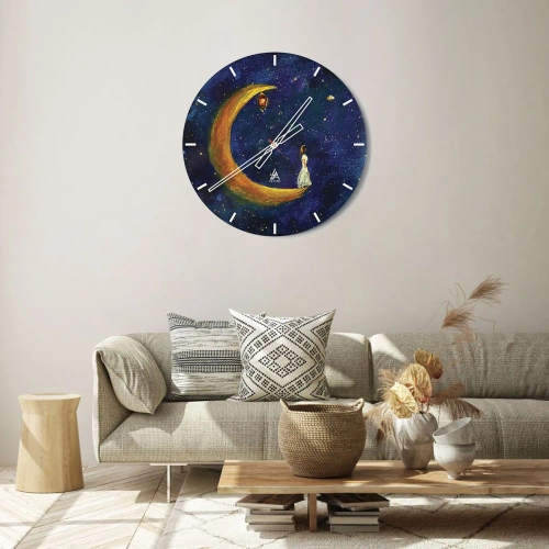 Wanduhr - Glasuhr - Eine Figur auf dem Mond in einem märchenhaften Nachthimmel mit einer Laterne - 30x30cm - Der Ruf der Welt - Moderne Wanddekoration für Wohnzimmer, Küche und Schlafzimmer ARTTOR
