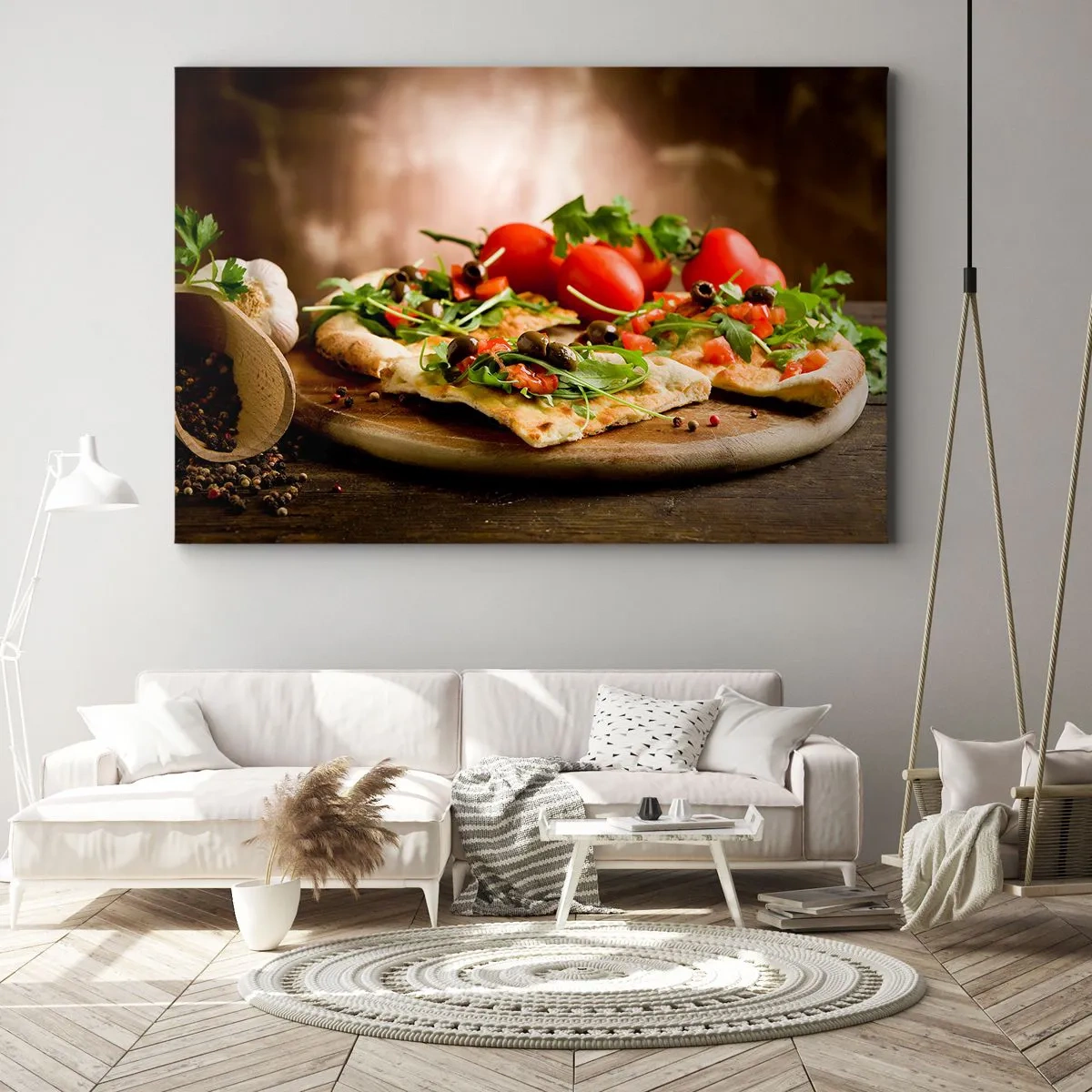 Bild auf Leinwand - Leinwandbild - Pizza mit Gemüse auf einem Holzbrett im rustikalen Stil - 70x50cm - Direkt vom Herd und aus dem Garten - Moderne Wanddekoration für Wohnzimmer und Schlafzimmer ARTTOR