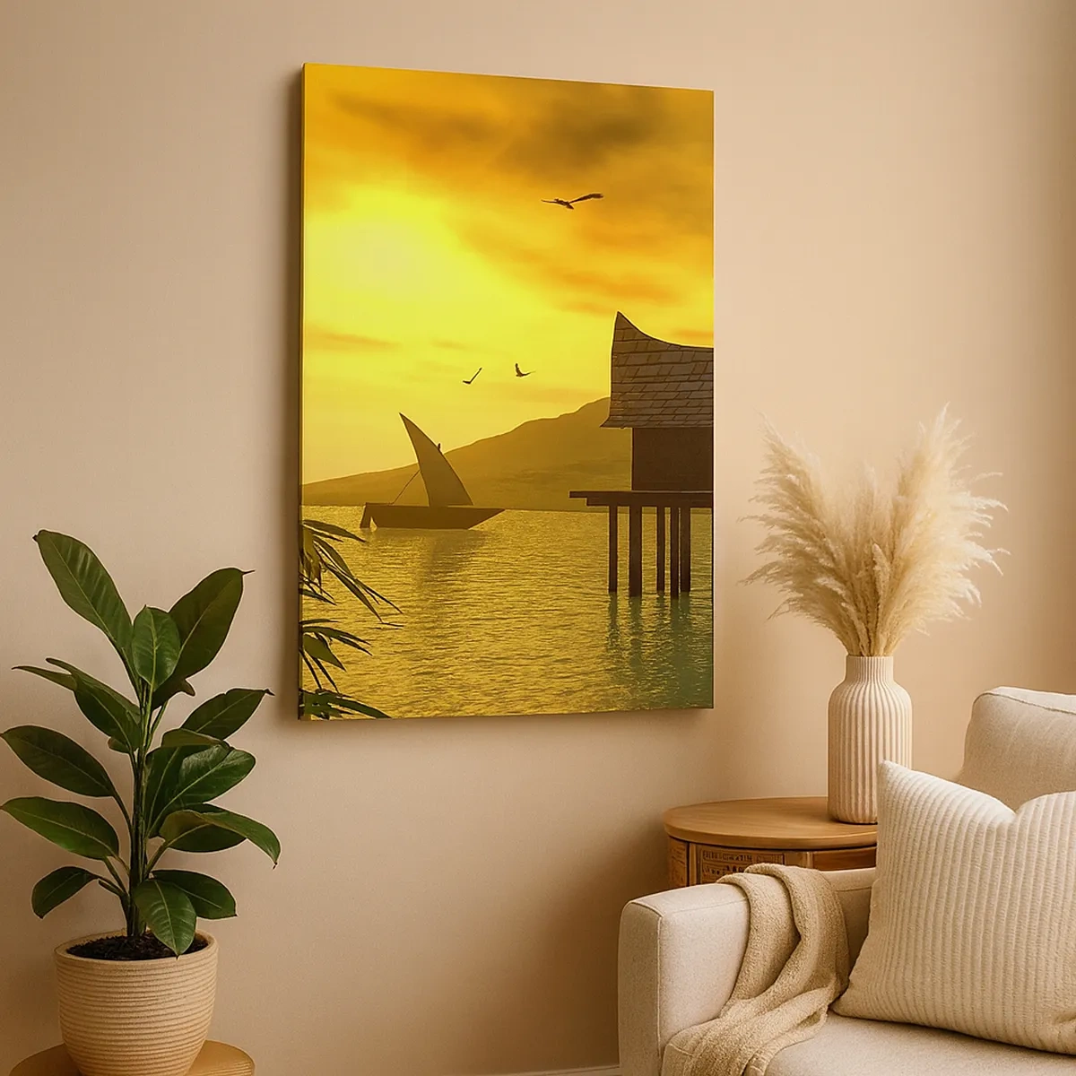 Bild auf Leinwand - Leinwandbild - Tropischer Sonnenuntergang über dem Wasser mit Holzhaus auf Stelzen. - 50x70cm - Der ersehnte Frieden - Moderne Wanddekoration für Wohnzimmer und Schlafzimmer ARTTOR