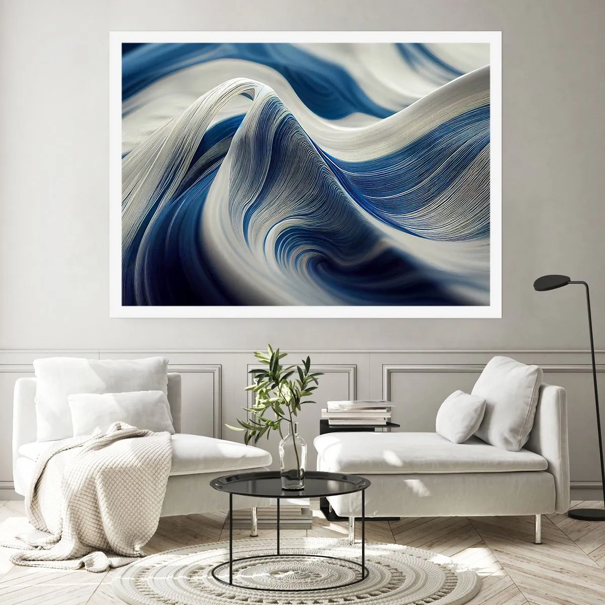 Poster - Abstrakte Wellen in Blau- und Weißtönen - 100x70cm - Fließfähigkeit von Blau und Weiß - Moderne Wanddekoration für Wohnzimmer und Schlafzimmer ARTTOR