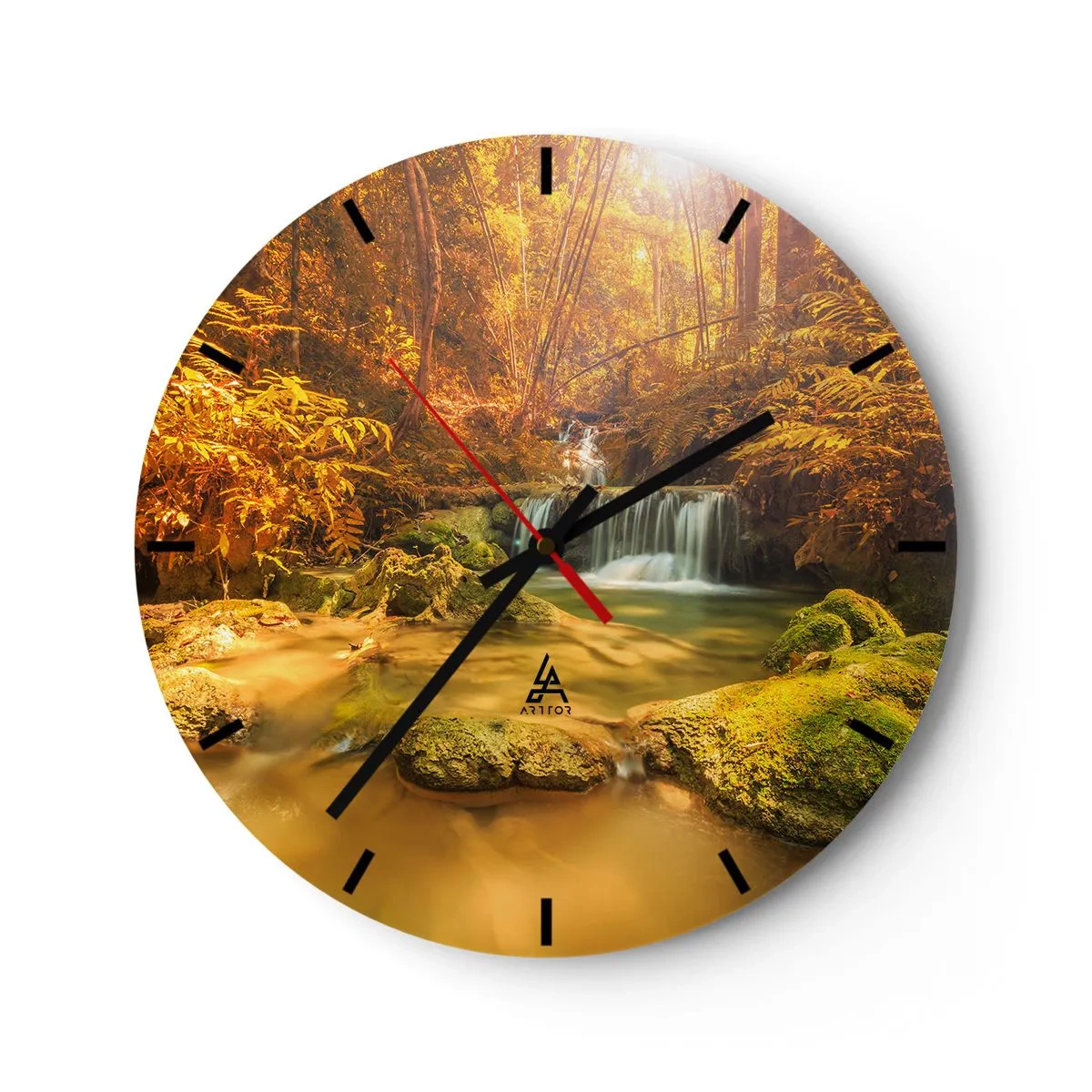 Wanduhr - Glasuhr - Ein goldener Wasserfall, umgeben von üppiger Vegetation - 30x30cm - Waldkaskade in Gold - Moderne Wanddekoration für Wohnzimmer, Küche und Schlafzimmer ARTTOR