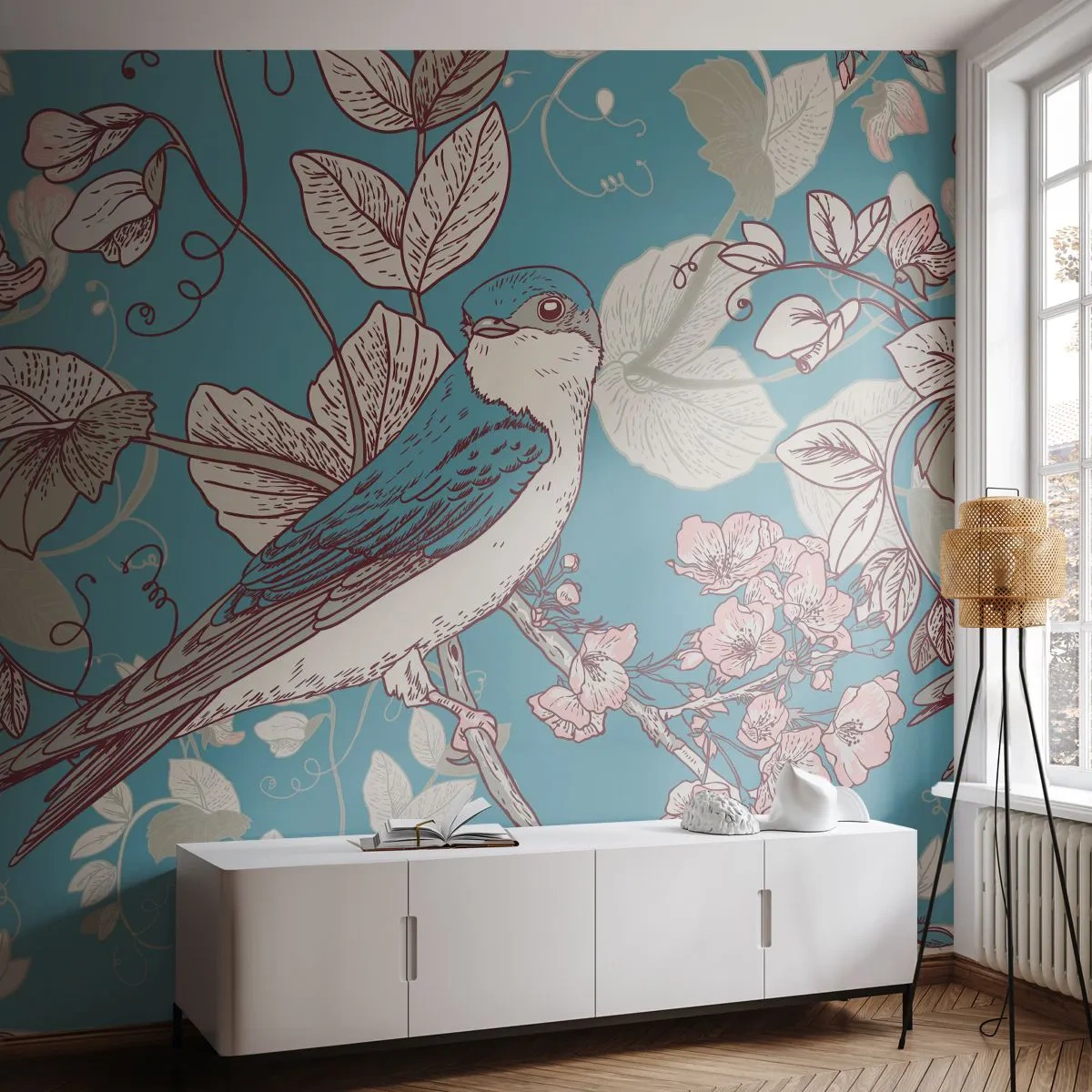 Fototapete Standard Eco - Stilisierter Vogel zwischen Blumen auf blauem Hintergrund - 100x70cm - Im Weißholz von Rot und Silber - Moderne Wanddekoration für Wohnzimmer und Schlafzimmer ARTTOR