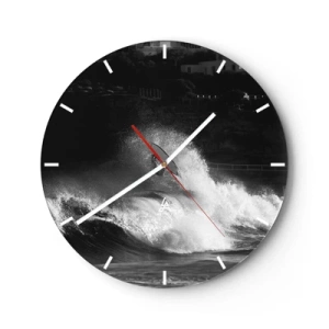 Wanduhr - Glasuhr - Ein Surfer auf einer Welle in einer Schwarz-Weiß-Komposition - 30x30cm - Herausforderung angenommen! - Moderne Wanddekoration für Wohnzimmer, Küche und Schlafzimmer ARTTOR