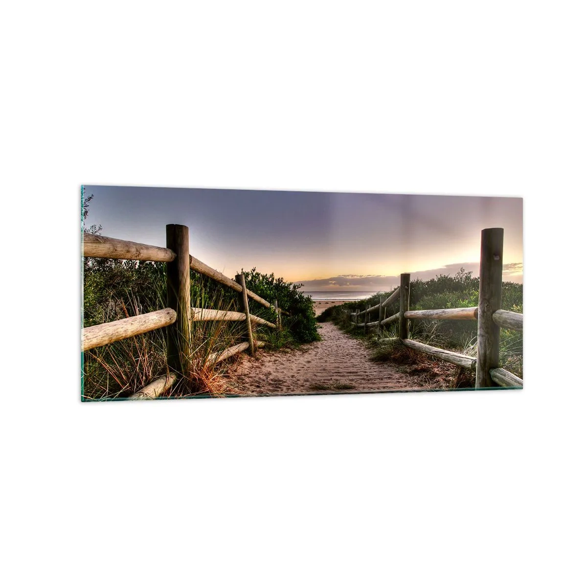 Glasbild - Bild auf glas - Holzweg in den Dünen, der bei Sonnenuntergang zum Strand führt - 120x50cm - Das Ziel ist bereits sichtbar - Moderne Wanddekoration für Wohnzimmer und Schlafzimmer ARTTOR