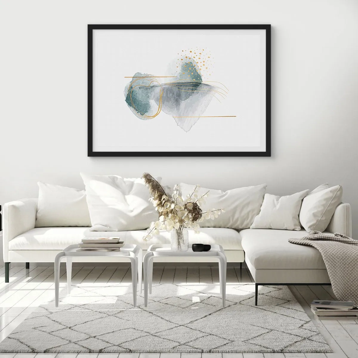 Poster in einem schwarzem Rahmen - Eine abstrakte Komposition in Türkis- und Goldtönen. - 100x70cm - Über das Verhältnis von Grau und Gold - Moderne Wanddekoration für Wohnzimmer und Schlafzimmer ARTTOR