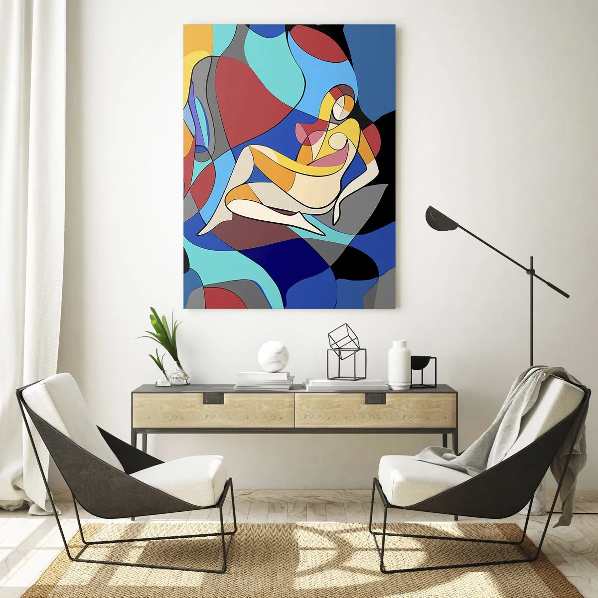 Glasbild - Bild auf glas - Farbenfroher Akt im kubistischen Stil - 70x100cm - Kubistischer Akt - Moderne Wanddekoration für Wohnzimmer und Schlafzimmer ARTTOR