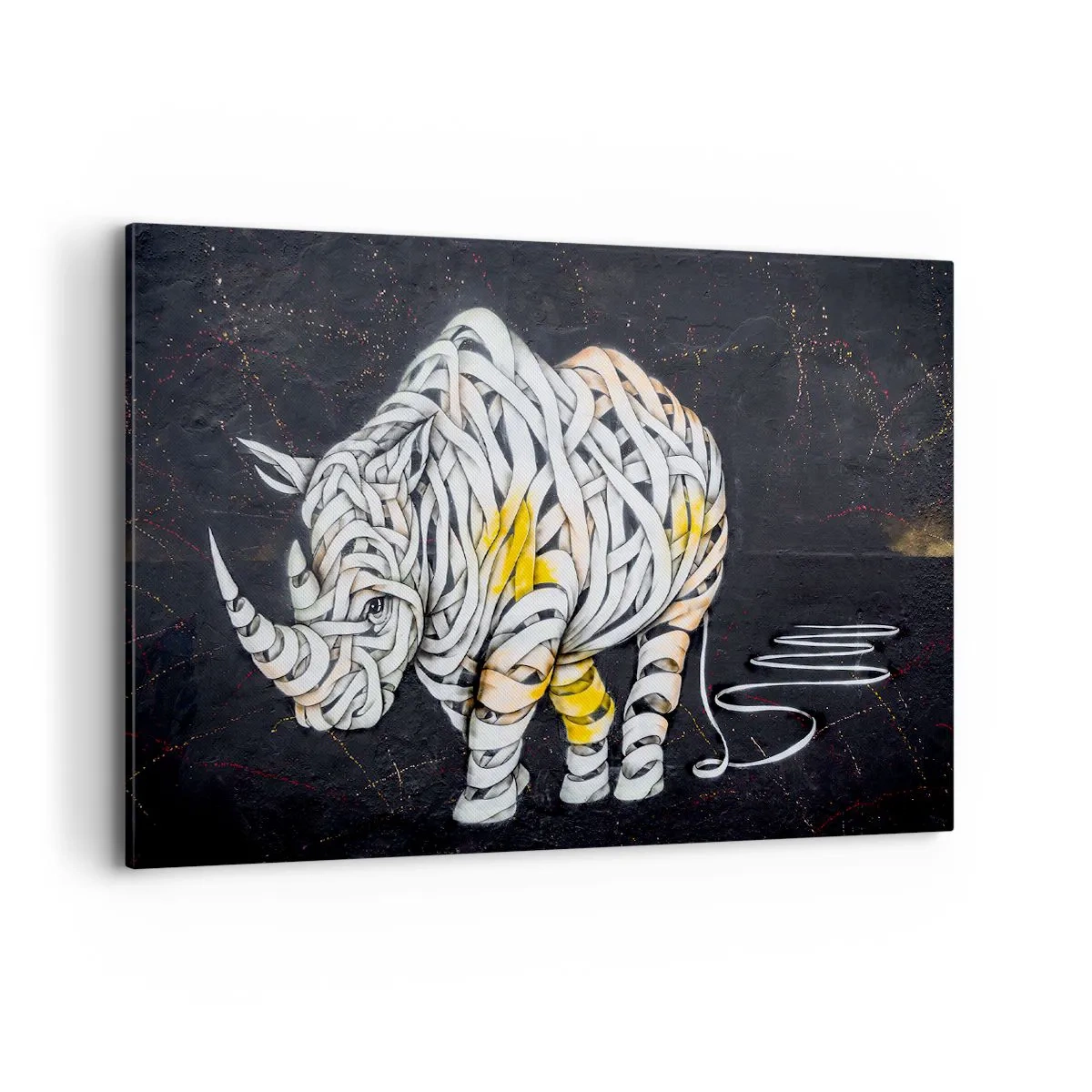 Bild auf Leinwand - Leinwandbild - Ein geschnitztes Nashorn mit abstrakten Streifen auf dunklem Hintergrund. - 100x70cm - Dicke Haut ist ein Mythos - Moderne Wanddekoration für Wohnzimmer und Schlafzimmer ARTTOR