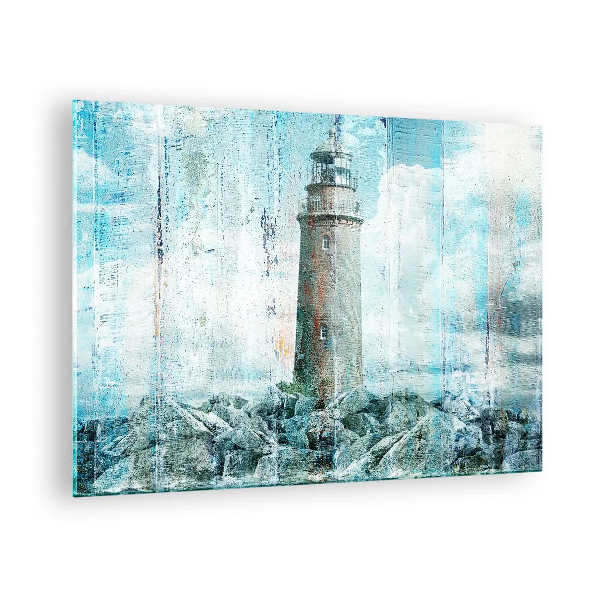 Glasbild - Bild auf glas - Vintage Leuchtturm mit Wolken im Hintergrund - 70x50cm - Auf altem Holz - Moderne Wanddekoration für Wohnzimmer und Schlafzimmer ARTTOR