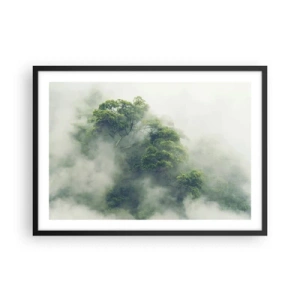 Poster in einem schwarzem Rahmen - Grüne Bäume im dichten Nebel vor einem natürlichen Hintergrund - 70x50cm - In Nebel gehüllt - Moderne Wanddekoration für Wohnzimmer und Schlafzimmer ARTTOR