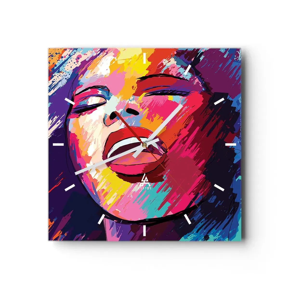 Wanduhr - Glasuhr - Abstraktes Porträt einer Frau in lebendigen Farben - 30x30cm - Sing mein ganzes Leben - Moderne Wanddekoration für Wohnzimmer und Schlafzimmer ARTTOR