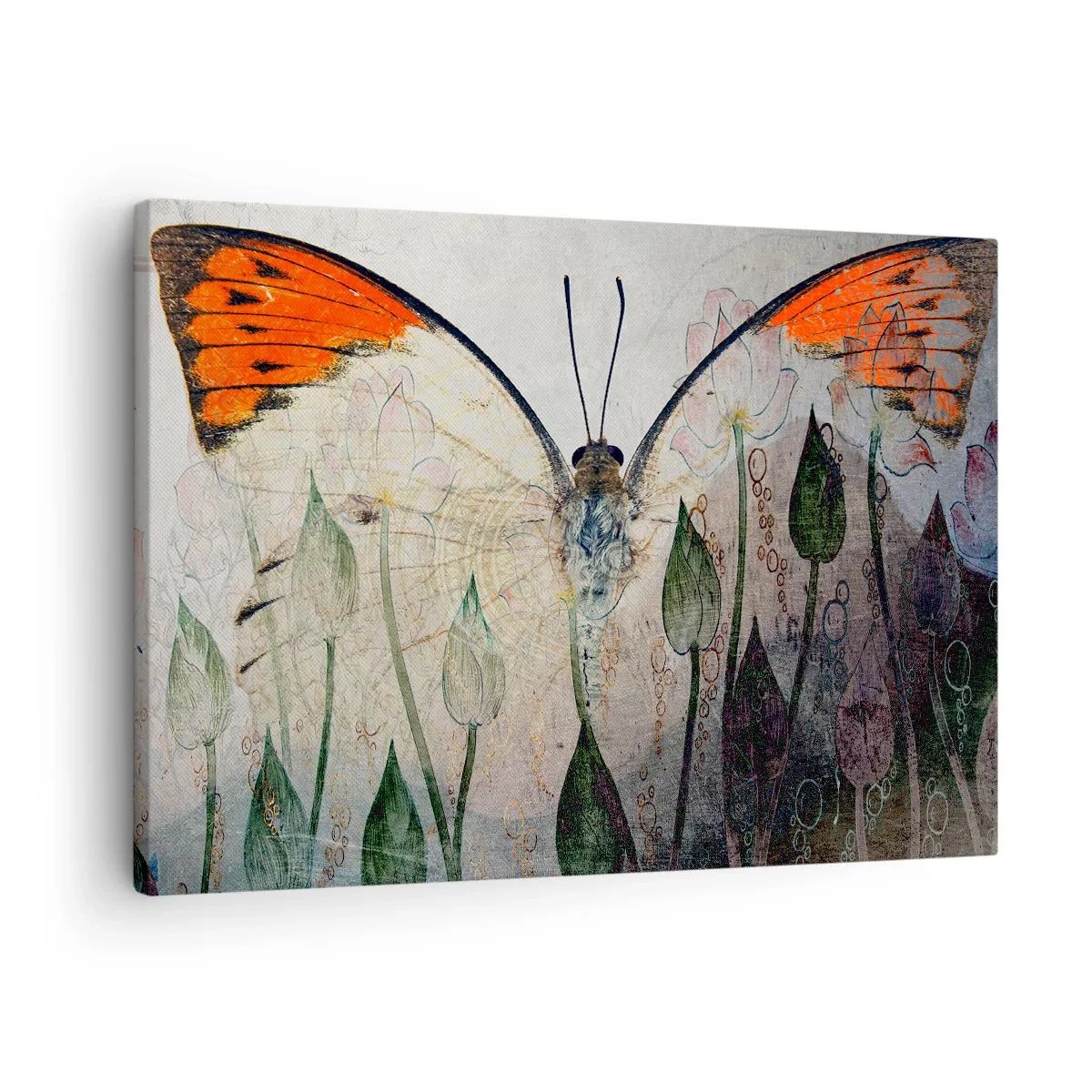 Bild auf Leinwand - Leinwandbild - Ein Schmetterling mit orangefarbenen Flügeln vor einem Hintergrund aus stilisierten Blumen. - 70x50cm - Wo schwingt der Schmetterling im Gras - Moderne Wanddekoration für Wohnzimmer und Schlafzimmer ARTTOR