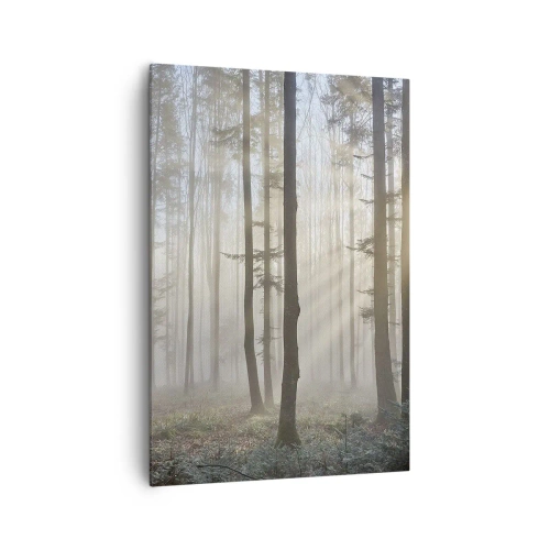 Bild auf Leinwand - Leinwandbild - Ein Wald in leichtem Nebel mit Sonnenstrahlen, die durch die Bäume scheinen - 70x100cm - Der Nebel ist auch aufgewacht - Moderne Wanddekoration für Wohnzimmer und Schlafzimmer ARTTOR