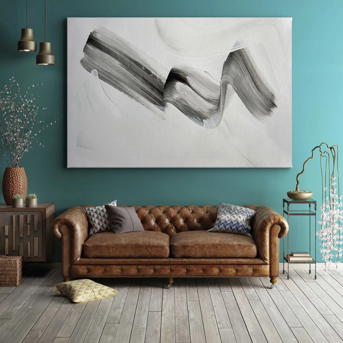 Bild auf Leinwand - Leinwandbild - Abstrakter schwarz-weißer Pinselstrich auf hellem Hintergrund - 70x50cm - Lässig zum Spaß - Moderne Wanddekoration für Wohnzimmer und Schlafzimmer ARTTOR