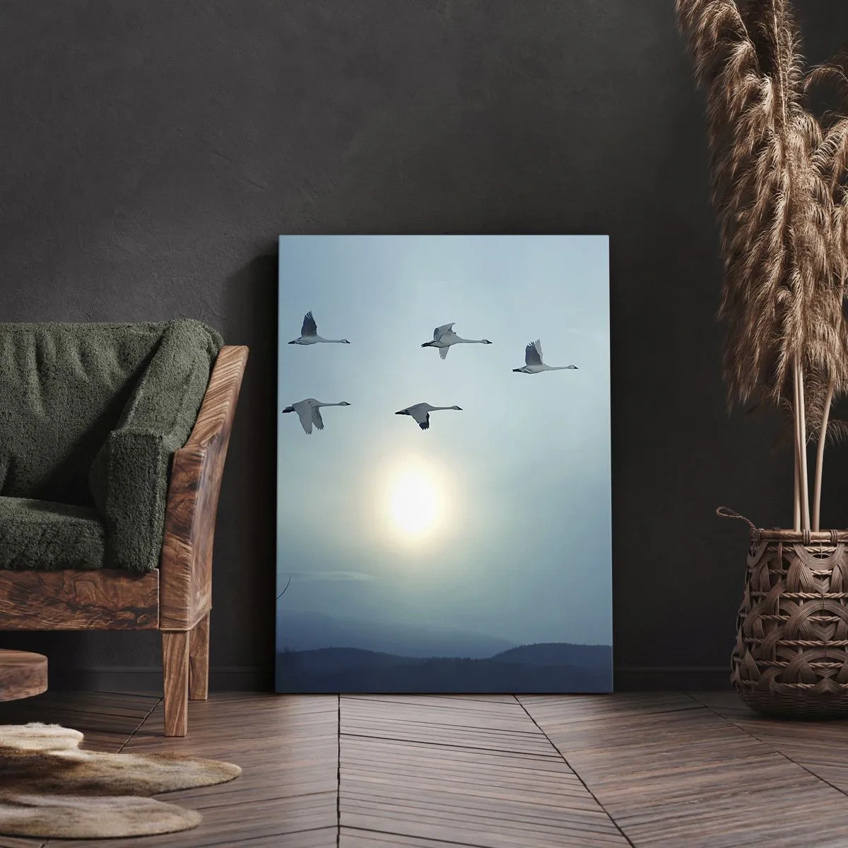 Bild auf Leinwand - Leinwandbild - Fliegende Schwäne am Morgen - 80x120cm - Auf Wiedersehen Sommer für ein Jahr - Moderne Wanddekoration für Wohnzimmer und Schlafzimmer ARTTOR