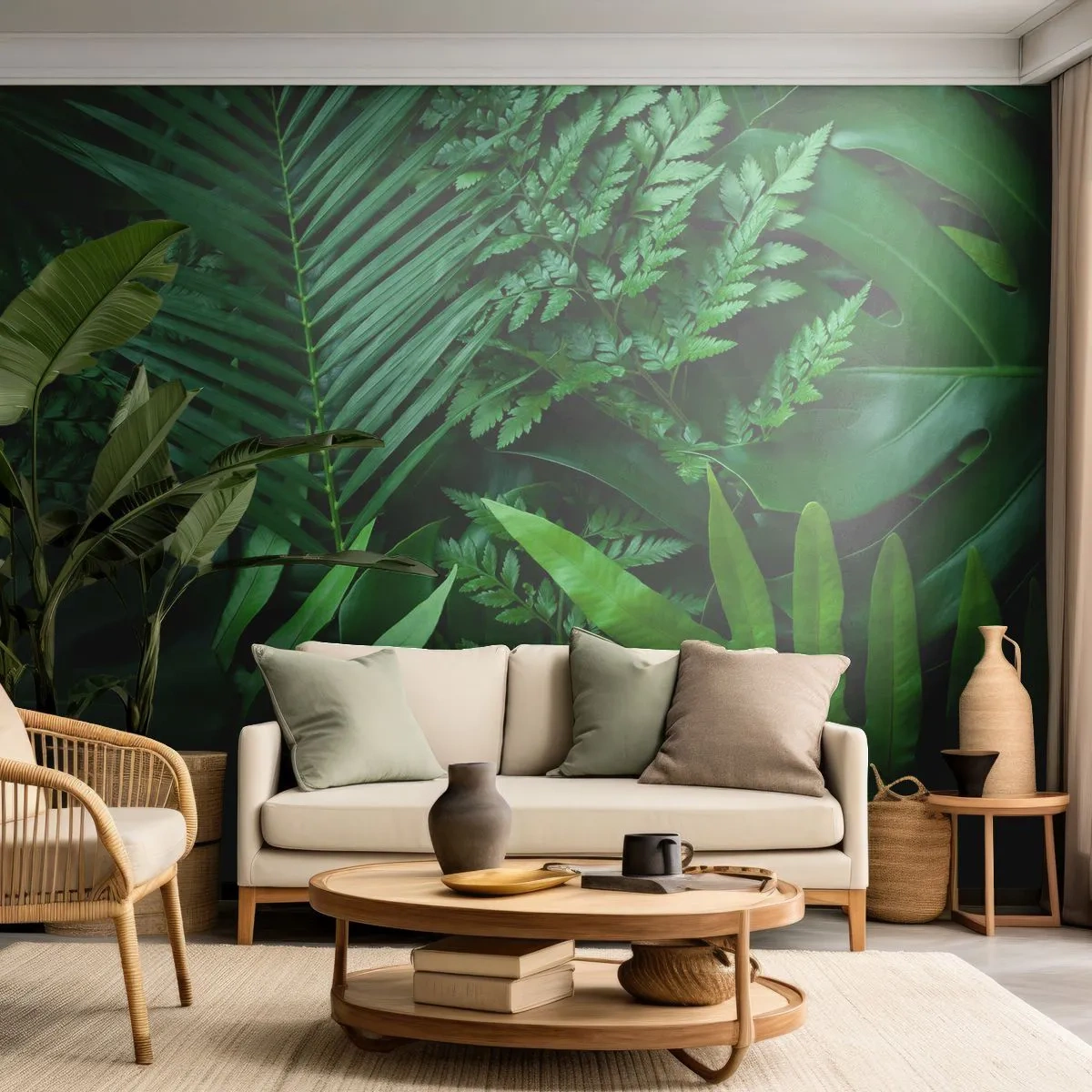Fototapete Premium Sand - Grüne tropische Blätter mit intensiver Farbsättigung - 100x70cm - Eingebettet ins Grüne - Moderne Wanddekoration für Wohnzimmer und Schlafzimmer ARTTOR