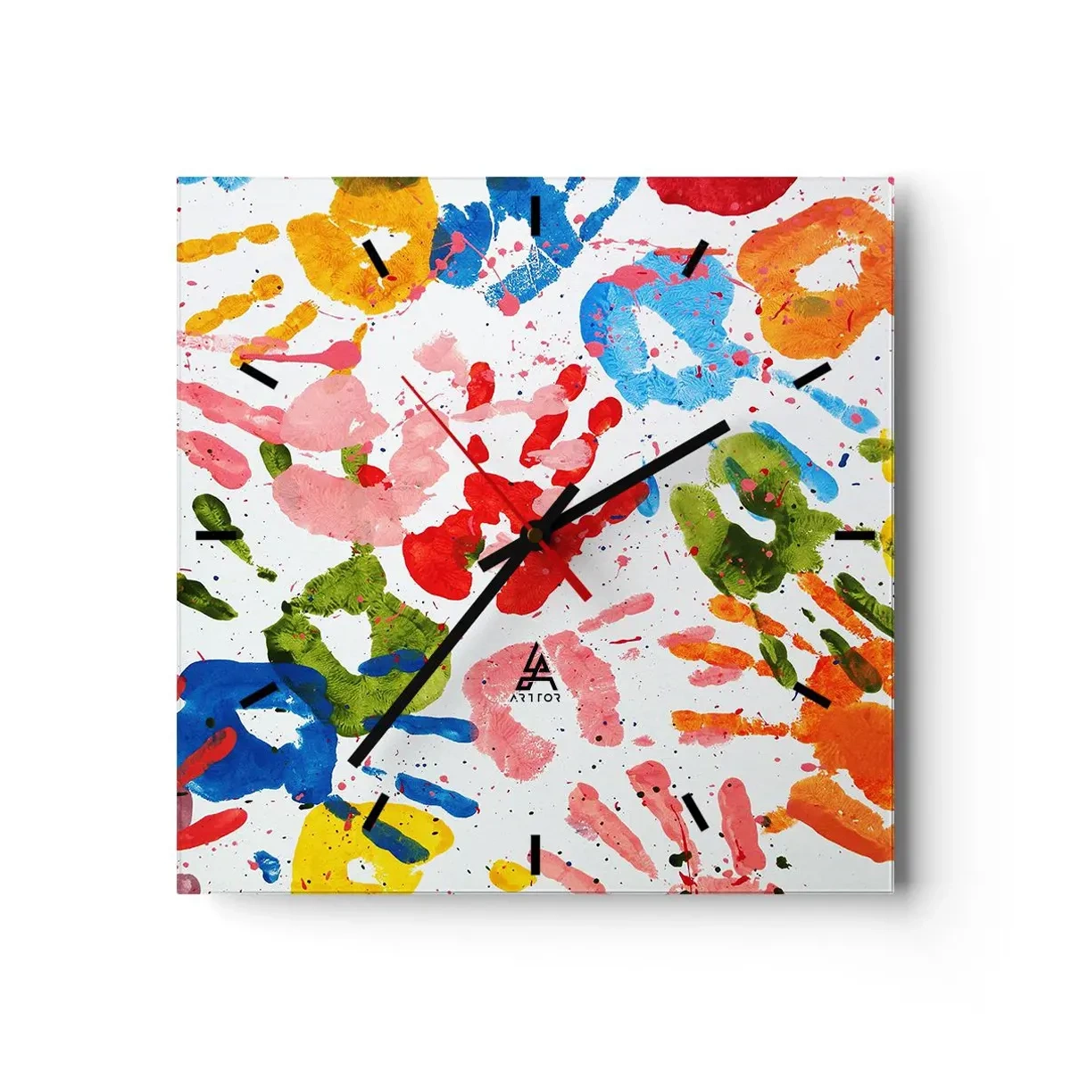 Wanduhr - Glasuhr - Bunte Handabdrücke auf weißem Hintergrund - 30x30cm - Folgen Sie den Spuren - Moderne Wanddekoration für Wohnzimmer und Schlafzimmer ARTTOR