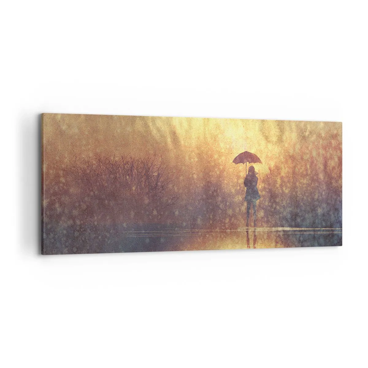 Bild auf Leinwand - Leinwandbild - Eine Figur mit einem Regenschirm in einer nebligen Landschaft voller Reflexionen - 120x50cm - Ich habe das Gefühl, dass mich jemand ansieht - Moderne Wanddekoration für Wohnzimmer und Schlafzimmer ARTTOR