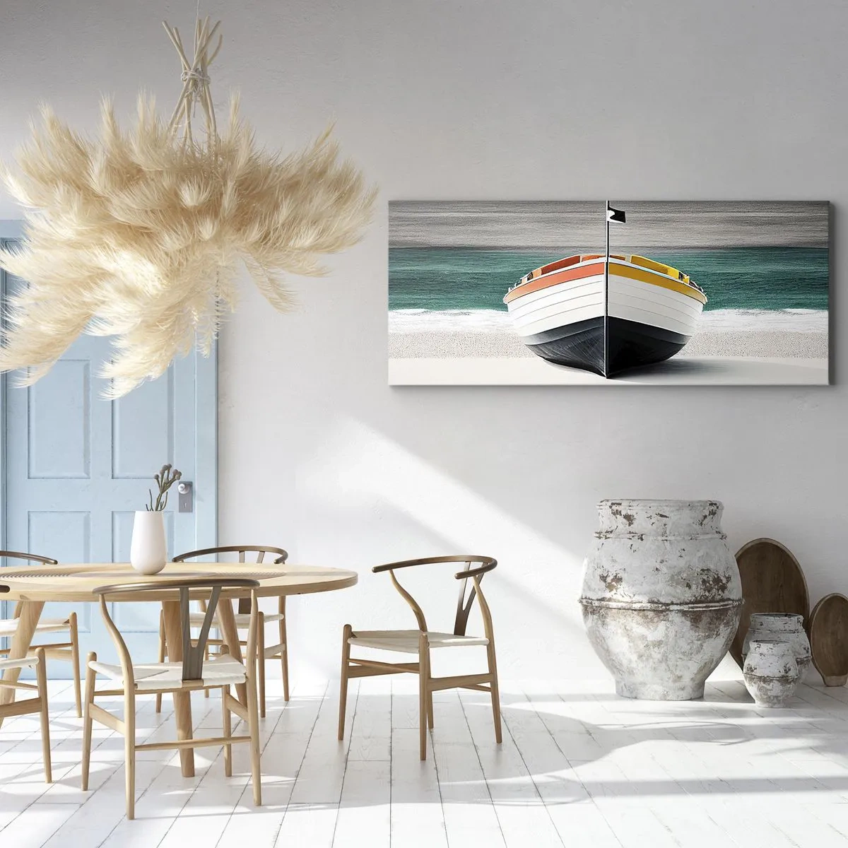 Bild auf Leinwand - Leinwandbild - Ein Boot am Strand mit türkisfarbenem Meer im Hintergrund - 140x50cm - An seinem Platz - Moderne Wanddekoration für Wohnzimmer und Schlafzimmer ARTTOR