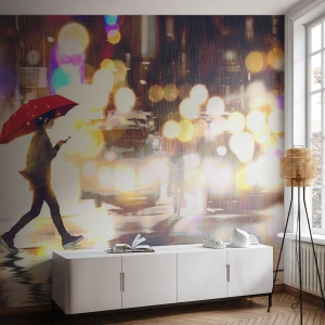 Fototapete Premium Canvas - Eine Figur mit einem roten Regenschirm auf der Straße im Regen - 100x70cm - Und doch sonnig - Moderne Wanddekoration für Wohnzimmer und Schlafzimmer ARTTOR