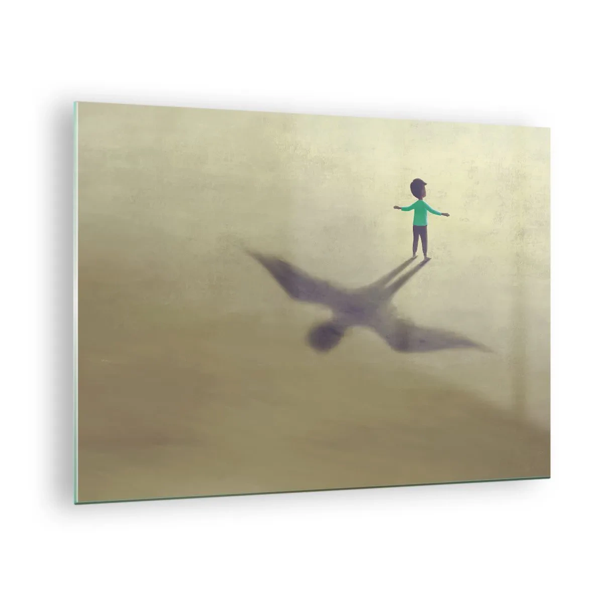 Glasbild - Bild auf glas - Ein Junge mit einem vogelförmigen Schatten auf beigem Hintergrund - 70x50cm - Der Held der Zukunft - Moderne Wanddekoration für Wohnzimmer und Schlafzimmer ARTTOR
