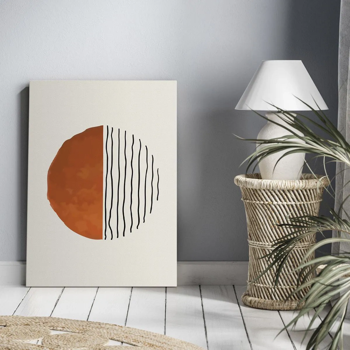 Bild auf Leinwand - Leinwandbild - Ein minimalistischer Sonnenuntergang über wellenartigen Linien - 70x100cm - Im japanischen Klima - Moderne Wanddekoration für Wohnzimmer und Schlafzimmer ARTTOR