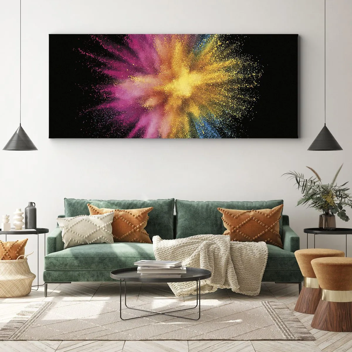 Bild auf Leinwand - Leinwandbild - Bunte Pulverexplosion auf schwarzem Hintergrund - 140x50cm - Die Geburt der Farben - Moderne Wanddekoration für Wohnzimmer und Schlafzimmer ARTTOR