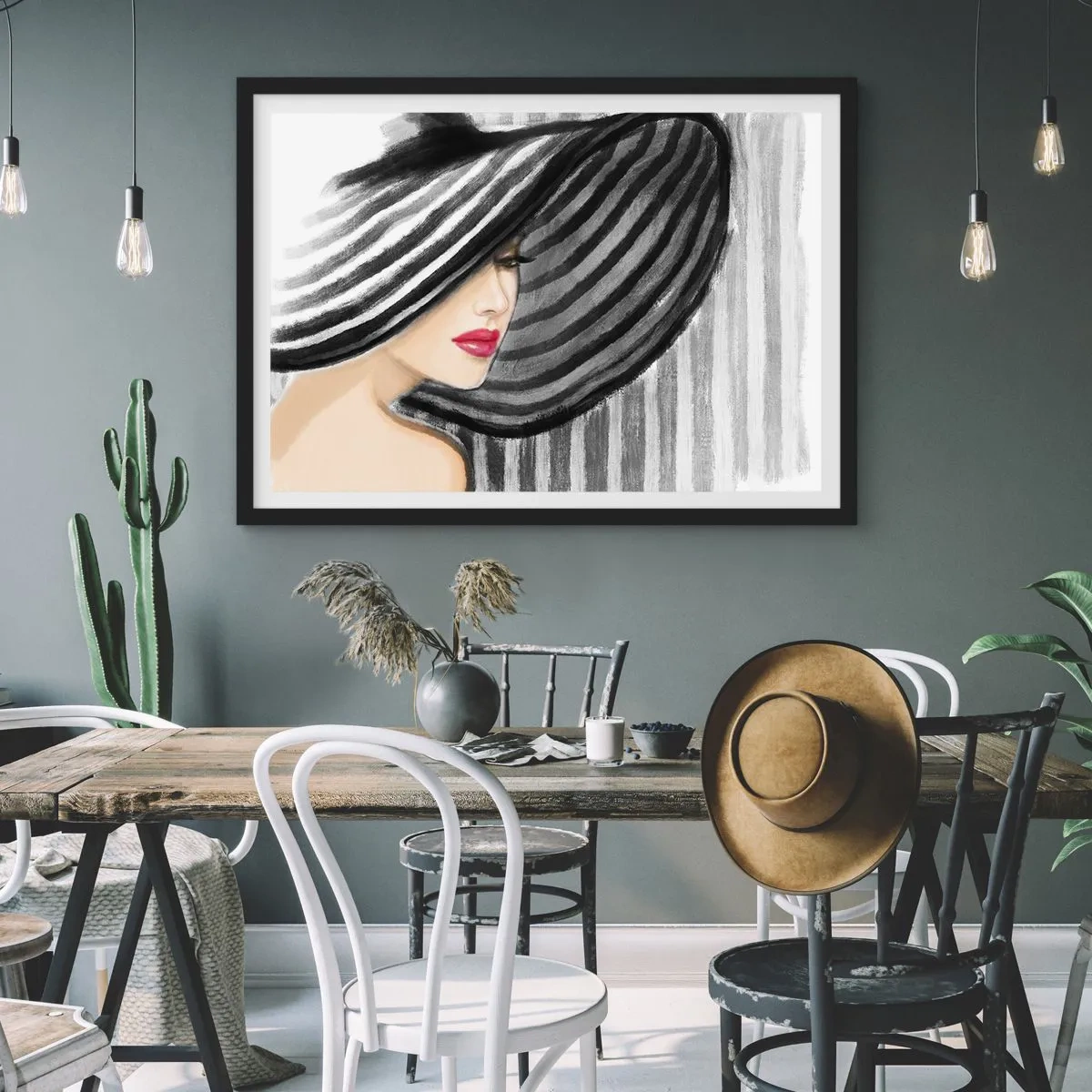 Poster in einem schwarzem Rahmen - Frau trägt einen schwarz-weißen Hut mit rotem Akzent - 70x50cm - Wo soll ich dich finden? - Moderne Wanddekoration für Wohnzimmer und Schlafzimmer ARTTOR