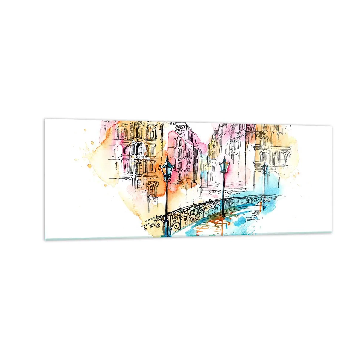 Glasbild - Bild auf glas - Aquarell einer Brücke und herzförmigen Mietshäusern - 140x50cm - Das Herz der Stadt - Moderne Wanddekoration für Wohnzimmer und Schlafzimmer ARTTOR