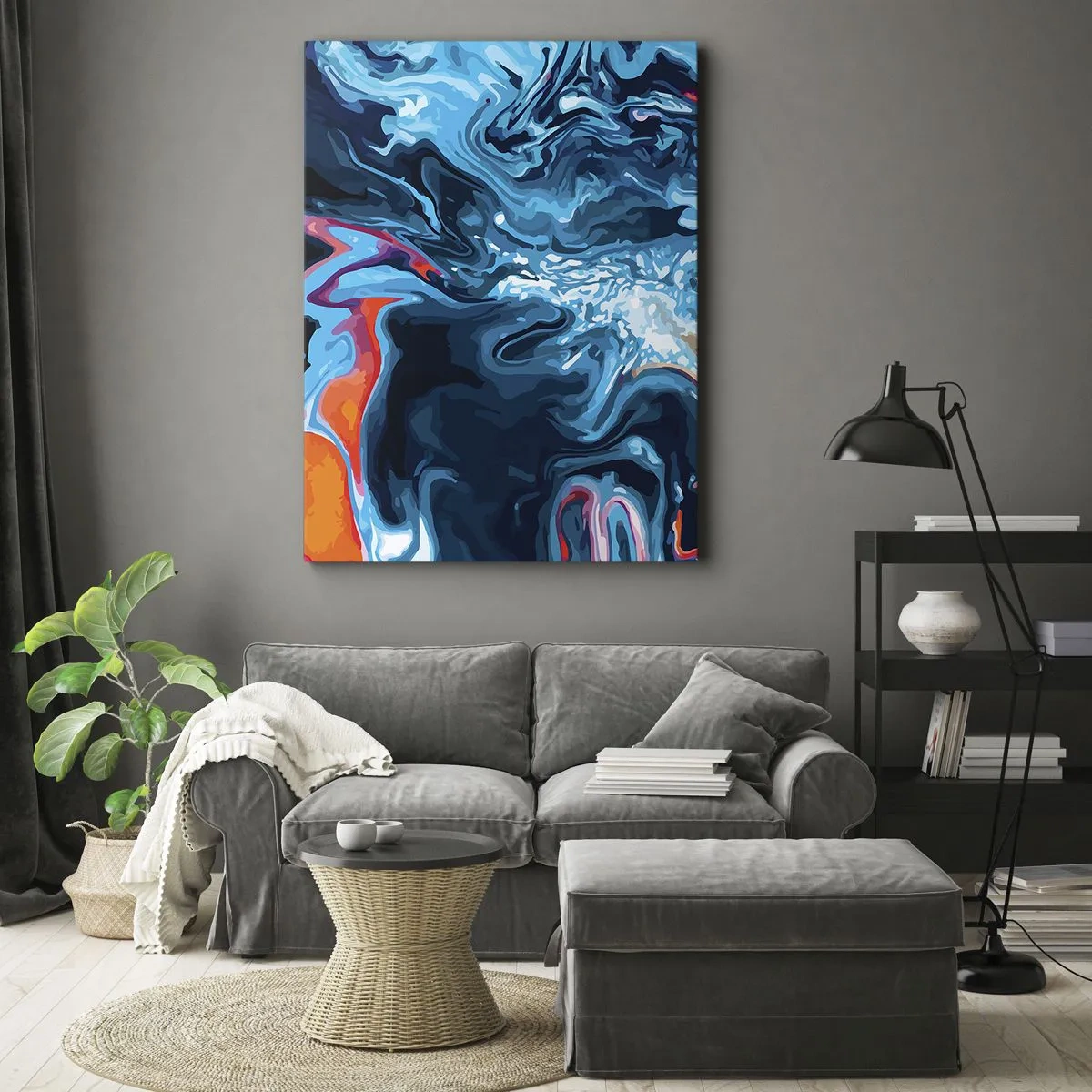 Bild auf Leinwand - Leinwandbild - Ein abstraktes Muster in Blautönen mit orangefarbenen Akzenten. - 50x70cm - Reise ins Zentrum des Himmels - Moderne Wanddekoration für Wohnzimmer und Schlafzimmer ARTTOR