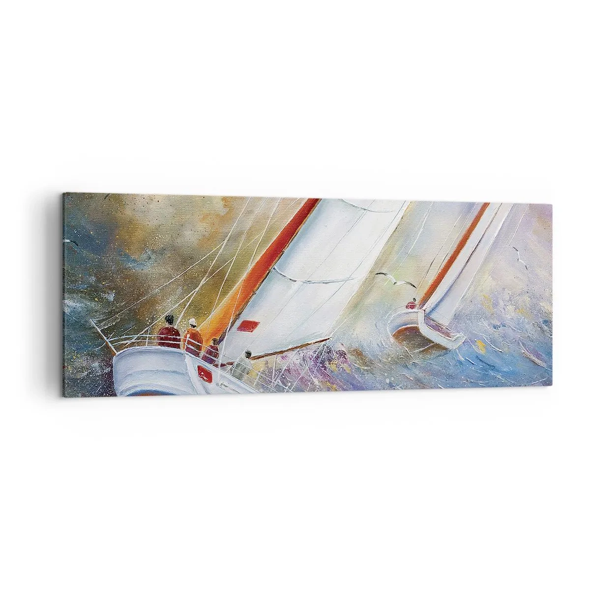 Bild auf Leinwand - Leinwandbild - Segelboote auf rauen Wellen in einer dynamischen Komposition - 140x50cm - Durch die Wellen laufend - Moderne Wanddekoration für Wohnzimmer und Schlafzimmer ARTTOR
