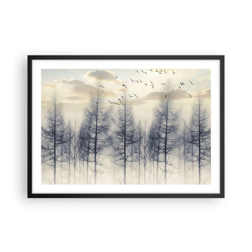Poster in einem schwarzem Rahmen - Nebliger Wald mit Vögeln vor dem Sonnenuntergangshimmel - 70x50cm - Waldgeister - Moderne Wanddekoration für Wohnzimmer und Schlafzimmer ARTTOR