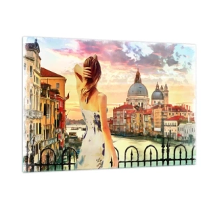 Glasbild - Bild auf glas - Eine Frau bewundert den Blick auf Venedig bei Sonnenuntergang. - 120x80cm - Als Abenteuer nur in ... - Moderne Wanddekoration für Wohnzimmer und Schlafzimmer ARTTOR
